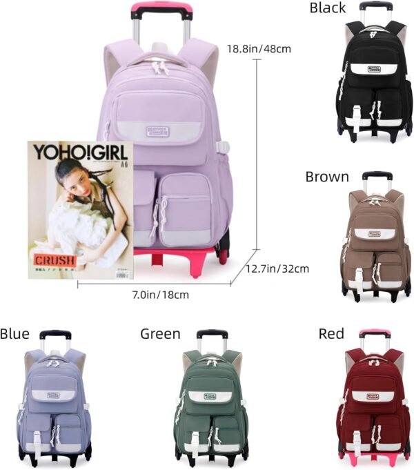 Solid Color Rolling Backpack for Girls Boys Cute Elementary school bag with wheels,Purple Trolley Bags for Travel - Image 2