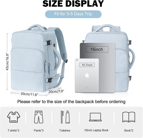 Travel Backpack for Men Women, Carry on Backpack Flight Approved, Personal Item Backpack Bag on Airplanes,Backpacks for Traveling, Travel Essentials,Light Blue - Image 3