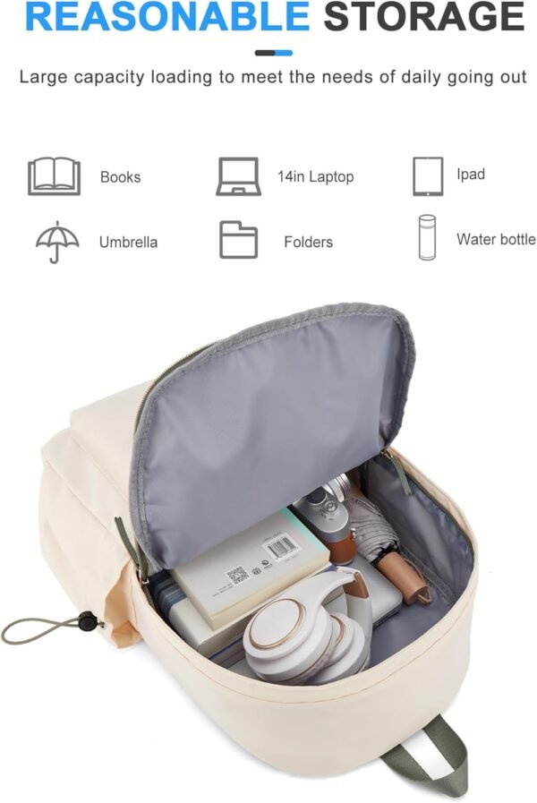 VECAVE School Backpack for Women Men, Lightweight Travel Casual Daypack Laptop Rucksack, Waterproof College High Secondary School Bags Bookbag for Boys Girls Teens BeigeGreen - Image 2