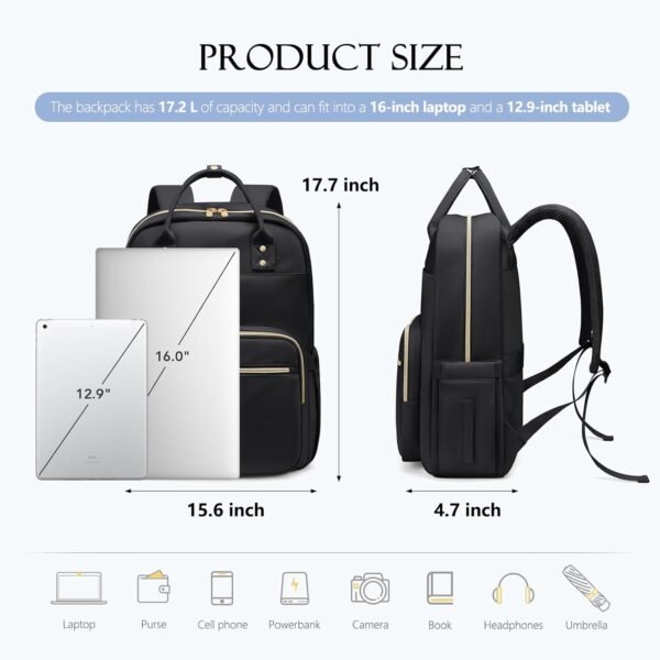 Laptop Backpack Women,15.6 Inch Teacher Backpack Laptop Bag with Laptop Compartment,Waterproof Daypack for Work Travel，Black - Image 5