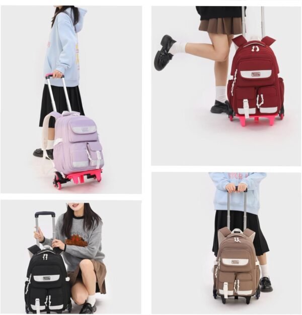 Solid Color Rolling Backpack for Girls Boys Cute Elementary school bag with wheels,Purple Trolley Bags for Travel - Image 3