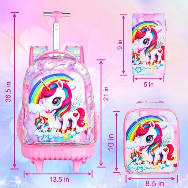 UFNDC 3PCS Rolling Backpack for Girls, Kids Unicorn School Backpacks with Wheels，Travel Roller Wheeled Bookbag - Image 3