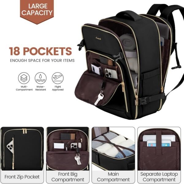 LOVEVOOK Carry on Backpack, Travel Backpack for Women Flight Approved, Waterproof Large Personal Item Travel Bag with 3 Packing Cubes, Daypack Luggage Weekender Overnight Backpack - Image 2