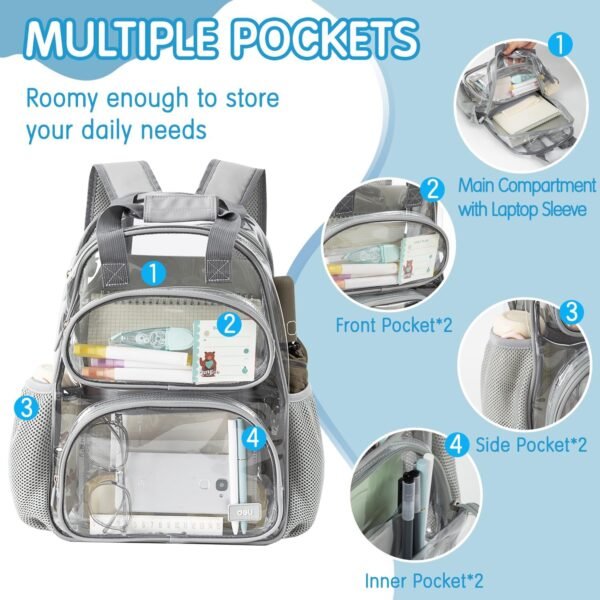 deli Clear Backpack for School, Heavy Duty PVC Transparent Bookbag for Boys and Girls, See Through Backpack for College Work Travel, Grey - Image 3
