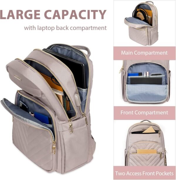 VANKEAN 15.6 Inch Laptop Backpack for Women Work Bag Fashion with USB Port, Waterproof Stylish Travel Bags Casual Daypacks for College, Business, Light Dusty Pink - Image 5