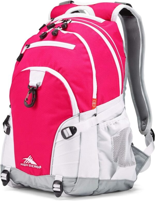 High Sierra Loop Backpack, Travel, or Work Bookbag with tablet sleeve, One Size, Pink Punch/White/Ash