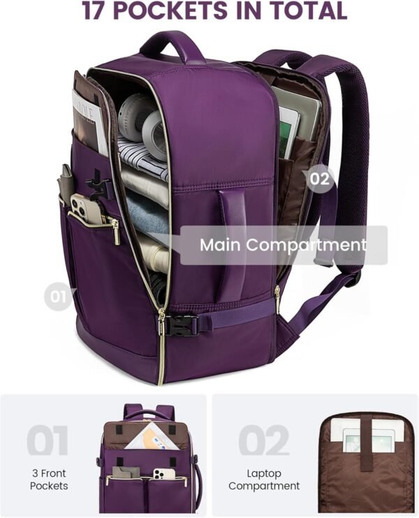 LOVEVOOK Travel Backpack for Women, 40L Large Carry On Backpack Flight Approved, Waterproof Personal Item Travel Bag Fits 17.3'' Laptop,TSA Backpack Suitcase with 3 Packing Cubes - Image 3