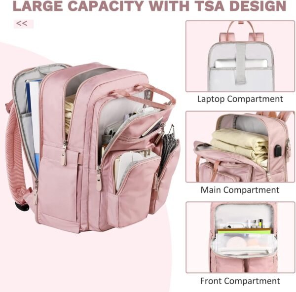 Mancro Travel Backpack for Women, 15.6 Inch Laptop Backpack with USB Charging Port, Waterproof Business Work Backpacks, Fashion College Backpack Gifts for Women, Pink - Image 2
