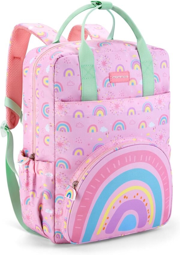 mommore Kids Backpack Girls, Durable Large Toddler Bookbag with Double Handles, Water Resistant Rainbow Backpack with Chest Strap for Preschool Kindergarten Travel