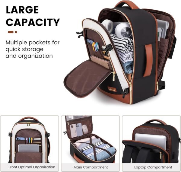 LOVEVOOK Travel Backpack for Women & Men, 40L Carry On Backpack, Personal Item Bag with 3 Packing Cubes, Business Weekender Overnight Luggage Daypack, Fits 17 Inch Laptop, Black Beige - Image 3