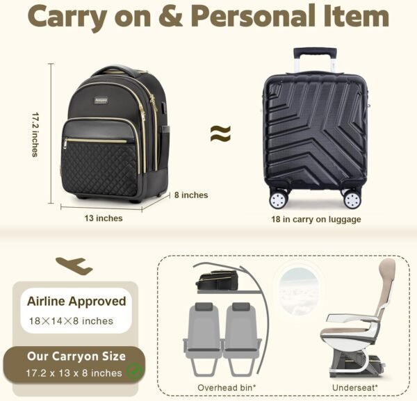 Small Rolling Backpack, Underseat Carry On Luggage For Adults With Wheels, 15.6 Inch Wheeled Backpack for Women, Travel Roller Backpack, Rolling Bag, Black Gold - Image 4