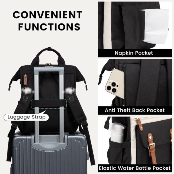LOVEVOOK Laptop Backpack For Women Work Travel Backpack Purse, Nurse Bag College Backpack, Teacher Business Laptop Bag, Waterproof Wide Open Computer Back pack, 15.6 Inch, Black-Beige-Brown - Image 4