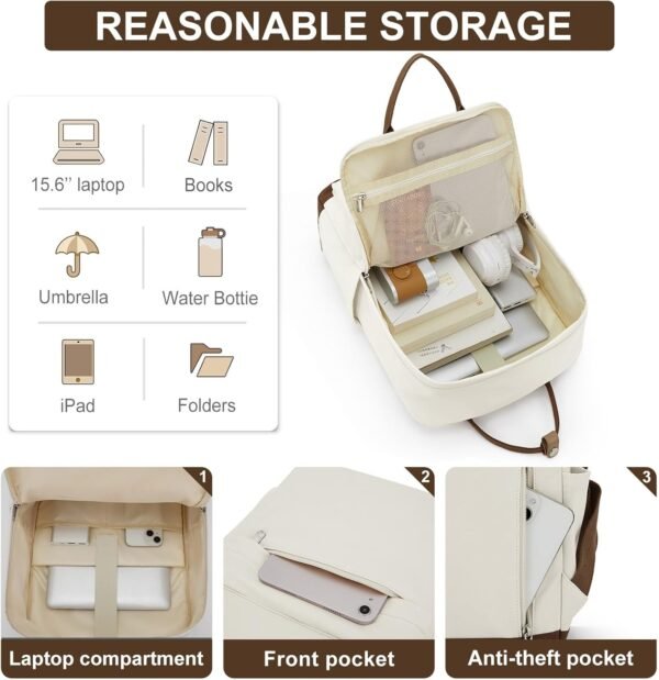 College Bakcpacks For Women High School Backpack Casual Daypack Gym Backpack Waterproof Small Travel Backpack School Bag For Teens Girls Boys(White With Brown) - Image 3