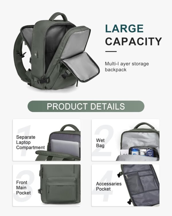 VECAVE Carry On Backpack for Women,Large Travel Backpack Flight Approved,Waterproof 17 Inch Laptop Backpack Business Work Backpacks Men Mochila De Viaje DarkGreen - Image 4