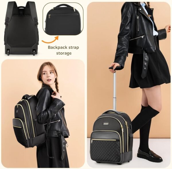 Small Rolling Backpack, Underseat Carry On Luggage For Adults With Wheels, 15.6 Inch Wheeled Backpack for Women, Travel Roller Backpack, Rolling Bag, Black Gold - Image 6