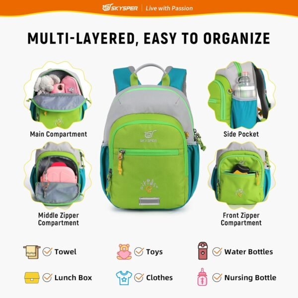 SKYSPER Toddler Backpack for Boys Girls Kids Travel Backpack Preschool Kindergarten Travel Daypack(Green) - Image 2