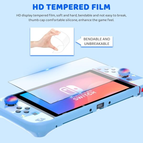 RHOTALL 8 in 1 Cute Travel Carrying Case for Nintendo Switch,Hard Shell Portable Carry Case with 10 Game Card Slots,Protector Cover,Screen Protectors,Strap,2 Thumb Caps for Boys Girls Kids -Blue stit - Image 6