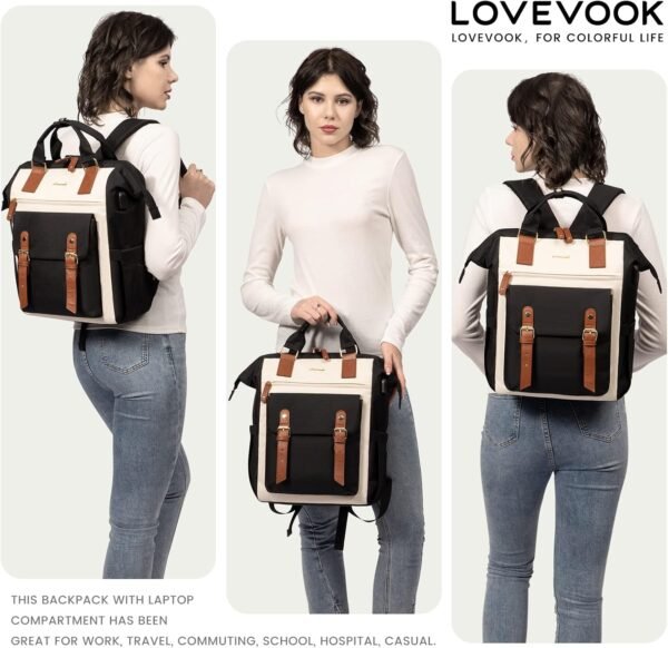 LOVEVOOK Laptop Backpack For Women Work Travel Backpack Purse, Nurse Bag College Backpack, Teacher Business Laptop Bag, Waterproof Wide Open Computer Back pack, 15.6 Inch, Black-Beige-Brown - Image 9