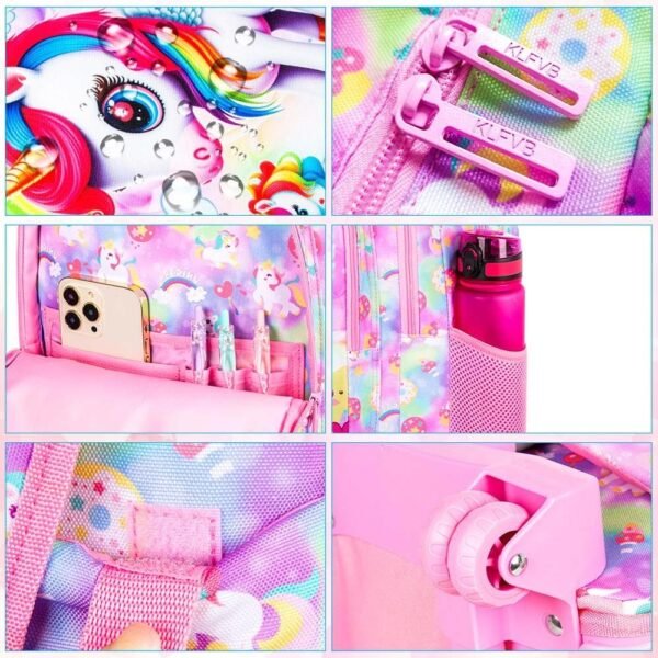 UFNDC 3PCS Rolling Backpack for Girls, Kids Unicorn School Backpacks with Wheels，Travel Roller Wheeled Bookbag - Image 4