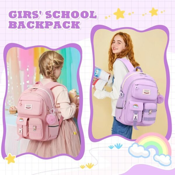 Kawaii Girls Backpack for School, Cute Teenage Multiple Pockets Backpack, Fashion Bookbag for Primary Elementary High School, Purple - Image 6