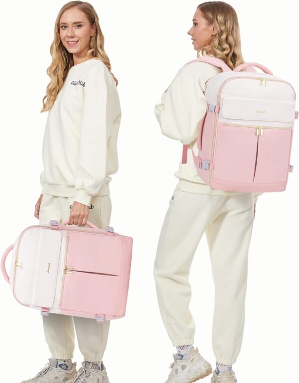LOVEVOOK Travel Backpack, Carry On Backpack for Women, 40L Flight Approved Personal Item Backpack, Large Water Resistant Luggage Daypack with 3 Packing Cubes, fits 17inch Laptop, Beige-Pink - Image 9
