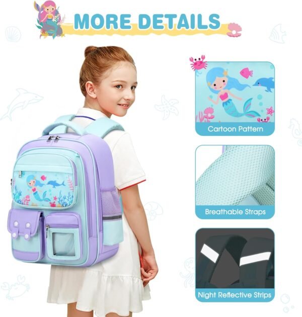 3PCS School Backpack for Girls, Kids Backpack for Girls with Lunch Box Pencil Case, Cute Kawaii Mermaid Backpack for Girls, Schoolbag Bookbag for Kindergarten Elementary Middle High School - Image 4
