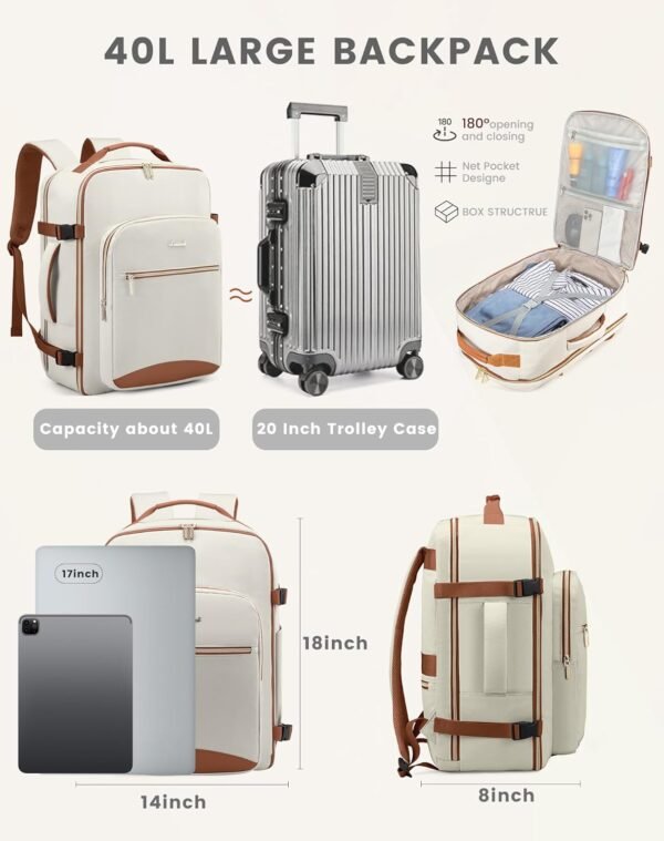 LOVEVOOK Travel Backpack Women, Flight Approved Carry On with 17.3inch Laptop Compartment, Personal Item with 3 Packing Cubes, Perfect for College, Hiking, Overnight - Beige - Image 4