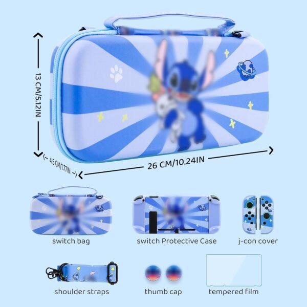 RHOTALL 8 in 1 Cute Travel Carrying Case for Nintendo Switch,Hard Shell Portable Carry Case with 10 Game Card Slots,Protector Cover,Screen Protectors,Strap,2 Thumb Caps for Boys Girls Kids -Blue stit - Image 2