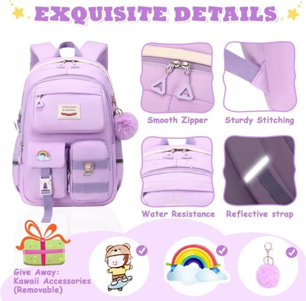 Kawaii Girls Backpack for School, Cute Teenage Multiple Pockets Backpack, Fashion Bookbag for Primary Elementary High School, Purple - Image 5