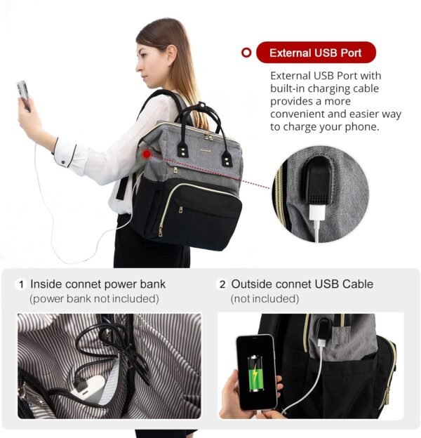LOVEVOOK Laptop Backpack for Women Fashion Business Computer Backpacks Travel Bags Purse Doctor Nurse Work Backpack with USB Port, Fits 17-Inch Laptop Grey Black - Image 8