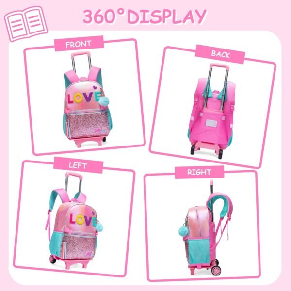 HTgroce 3PCS Rolling Backpack for Girls, Girls Glitter Bookbag with Roller Wheels, Kindergarten Wheeled Backpack for Girls with Lunch Box - Image 4