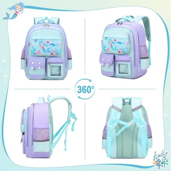 3PCS School Backpack for Girls, Kids Backpack for Girls with Lunch Box Pencil Case, Cute Kawaii Mermaid Backpack for Girls, Schoolbag Bookbag for Kindergarten Elementary Middle High School - Image 6