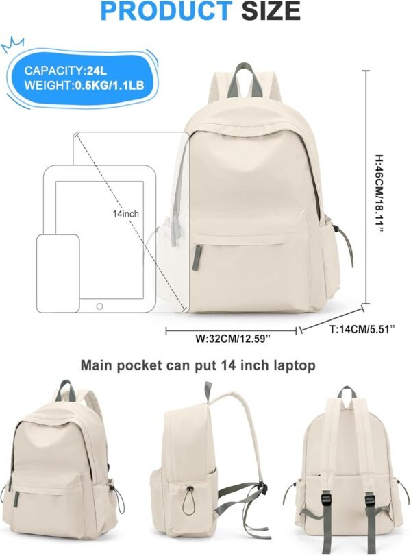 VECAVE School Backpack for Women Men, Lightweight Travel Casual Daypack Laptop Rucksack, Waterproof College High Secondary School Bags Bookbag for Boys Girls Teens BeigeGreen - Image 4