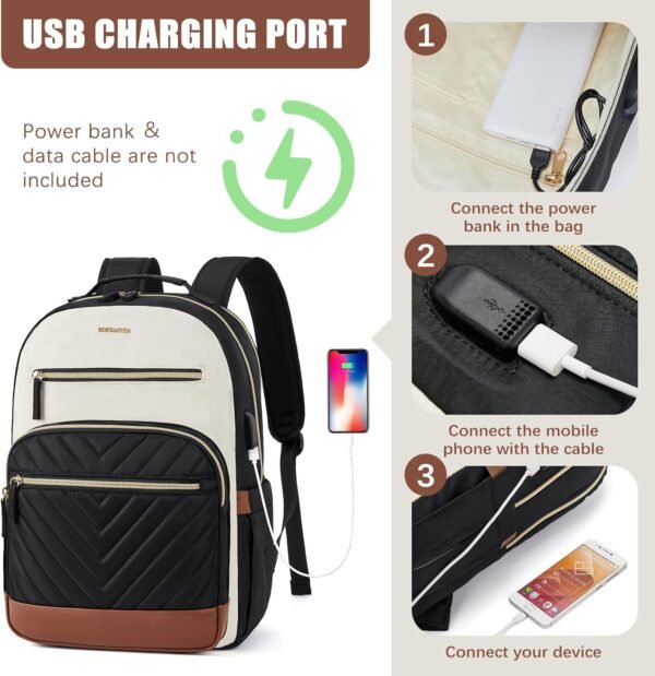 BOSTANTEN 15.6 Inch Laptop Backpack for Women- College Teacher Computer Bag Travel Backpack Purse with USB Charging Port Brown＆Black - Image 3