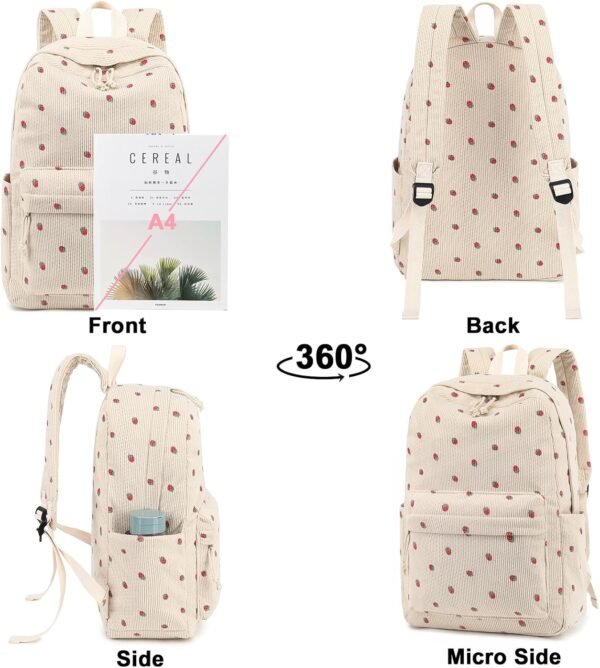 School Backpack for Teen Girls Bookbags Elementary High School Corduroy Laptop Bags Women Travel Daypacks (Strawberry Beige) - Image 6