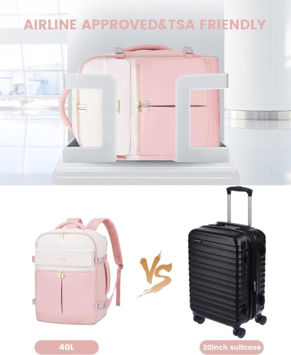LOVEVOOK Travel Backpack, Carry On Backpack for Women, 40L Flight Approved Personal Item Backpack, Large Water Resistant Luggage Daypack with 3 Packing Cubes, fits 17inch Laptop, Beige-Pink - Image 8