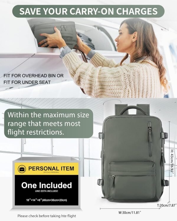 VECAVE Carry On Backpack for Women,Large Travel Backpack Flight Approved,Waterproof 17 Inch Laptop Backpack Business Work Backpacks Men Mochila De Viaje DarkGreen - Image 2