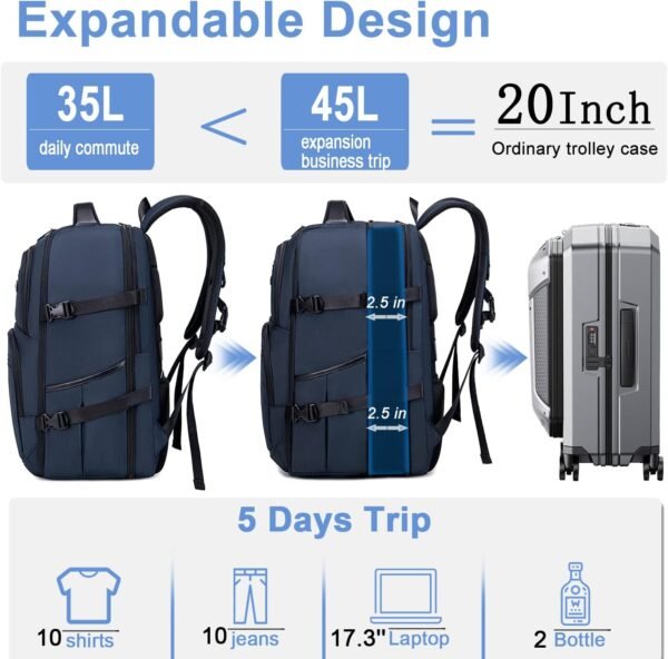 Travel Backpack for Men Women,45L Carry On Backpack Flight Approved,Large Laptop Backpack,Expandable Luggage Backpack Water Resistant Bookbag Daypack Fit 17 Inch - Image 2