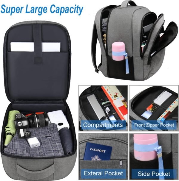 Naukay Carry on Backpack, Travel Laptop Backpack, TSA 17.3 Inch Extra Large Laptop Backpack for Women Men, Water Resistant Business Backpack Backpack with USB Charging Port, Grey - Image 2