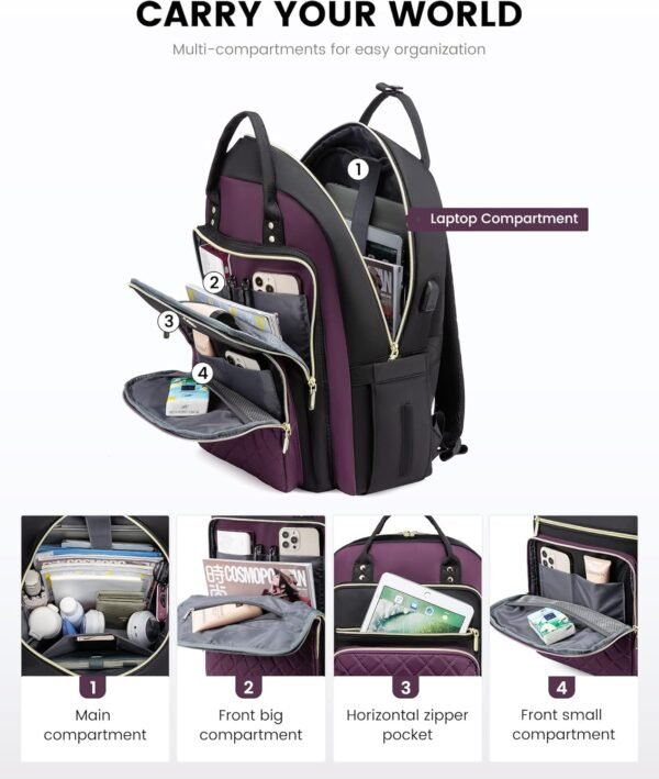 LOVEVOOK Laptop Backpack Purse for Women, 15.6" Laptop Bag for Travel with USB Port, Water Resistant Lightweight Daypacks for College Work Business, Nurse Teacher Computer Bags, Purple Black - Image 3