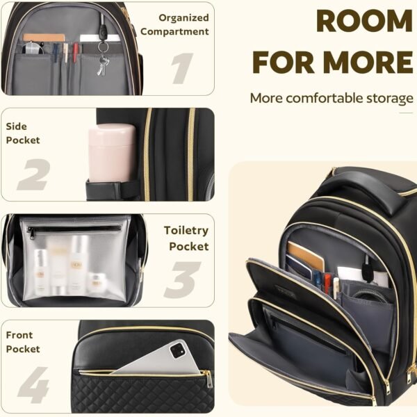 Small Rolling Backpack, Underseat Carry On Luggage For Adults With Wheels, 15.6 Inch Wheeled Backpack for Women, Travel Roller Backpack, Rolling Bag, Black Gold - Image 5
