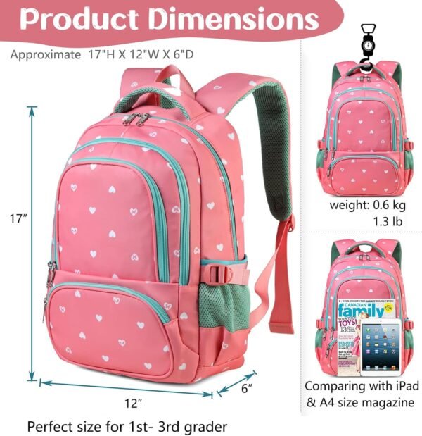 BLUEFAIRY Lightweight Water Resistant Backpack for Girls, Pink, 5-9 Years, Laptop Compartment, Adjustable Shoulder Straps, Breathable Mesh - Image 2