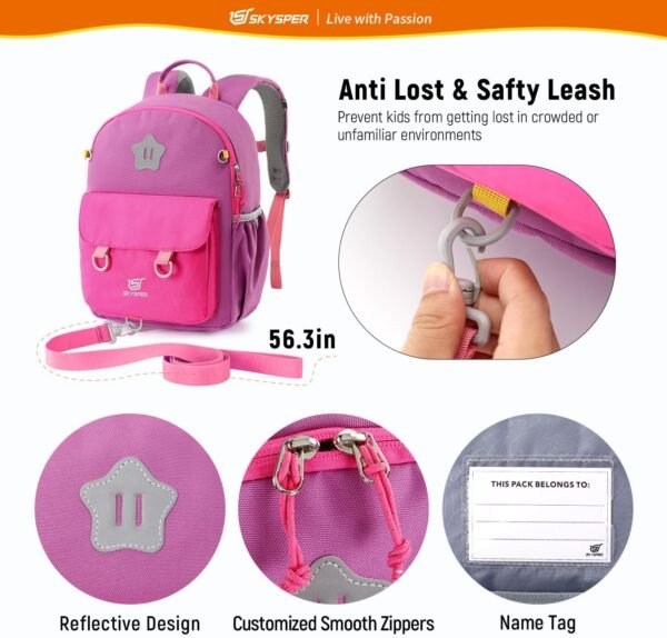 SKYSPER Kids Small Backpack Toddler Travel Backpack with Safety Anti-lost Leash Preschool Daypack for Boys Girls - Image 3
