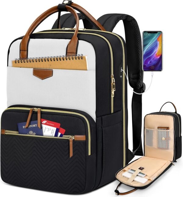 RAINSMORE Backpack for Women, 15.6 Inch Laptop Travel Backpack College Computer Backpack Teacher Nurse Work Backpack Waterproof Casual Daypack Bookbag Purse Backpack for Office Travel, White-Black