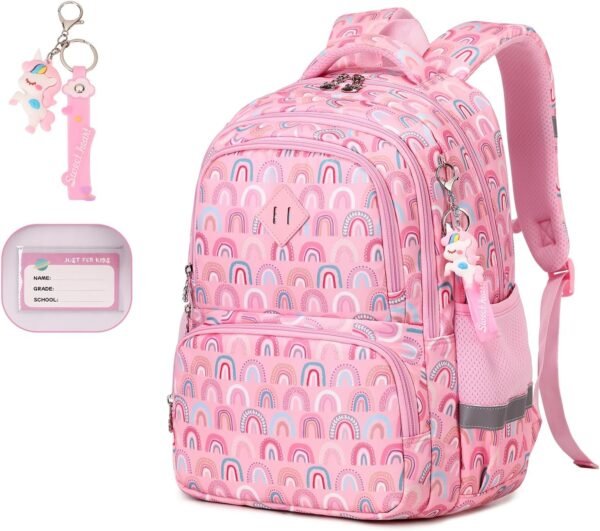 Kids Backpack, Kawaii Printed Girls Bookbags for Preschool, Lightweight School Backpack for Primary and Elementary and Kindergarten, Waterproof Teen Backpacks, Pink/Rainbow