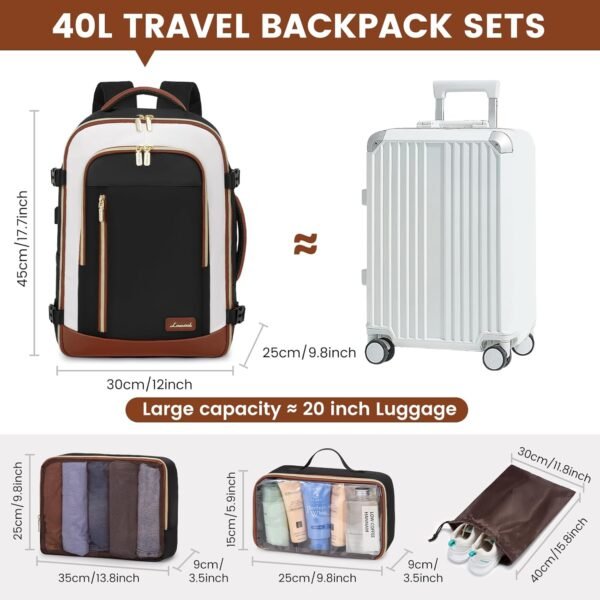LOVEVOOK Travel Backpack for Women & Men, 40L Carry On Backpack, Personal Item Bag with 3 Packing Cubes, Business Weekender Overnight Luggage Daypack, Fits 17 Inch Laptop, Black Beige - Image 2