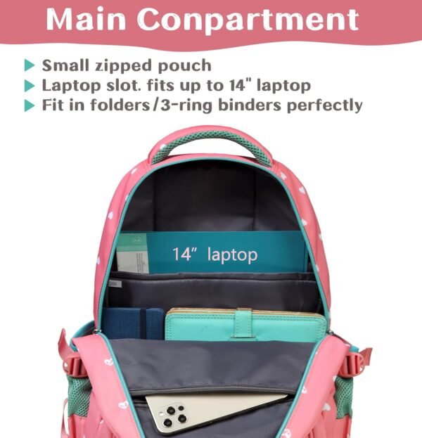 BLUEFAIRY Lightweight Water Resistant Backpack for Girls, Pink, 5-9 Years, Laptop Compartment, Adjustable Shoulder Straps, Breathable Mesh - Image 3