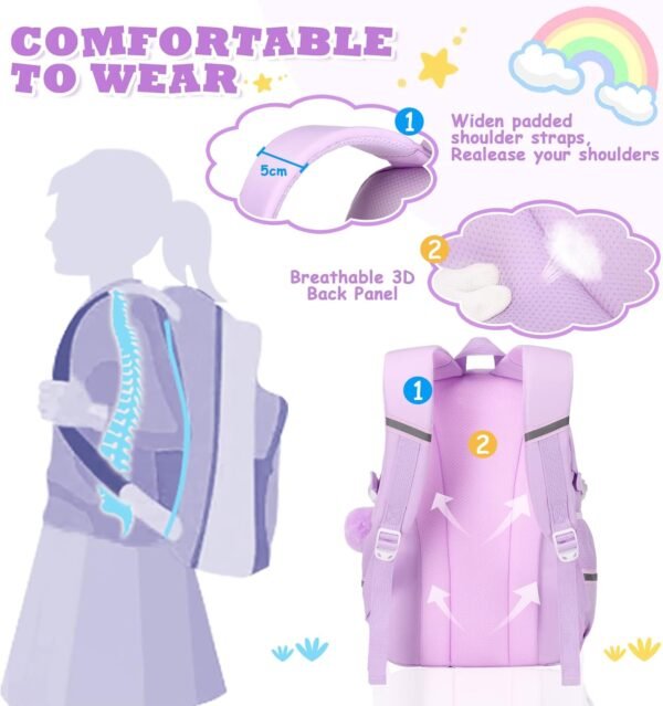 Kawaii Girls Backpack for School, Cute Teenage Multiple Pockets Backpack, Fashion Bookbag for Primary Elementary High School, Purple - Image 3