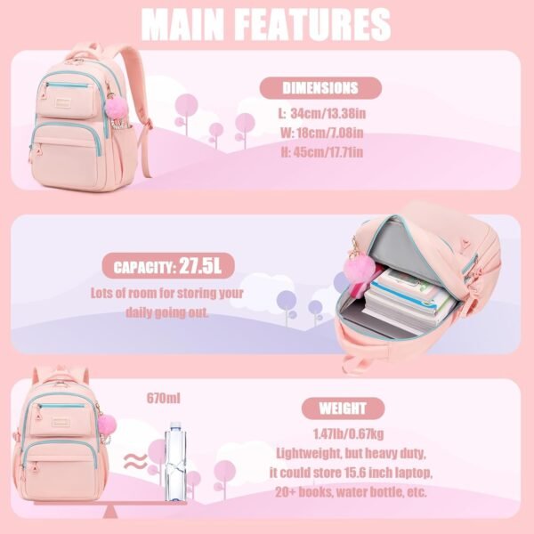 MOONBABY School Backpack for Teen Girls Women Color Matching Multiple Pockets Bookbag for Travel, Work, Pink (with Pom Pom Keychain) - Image 5