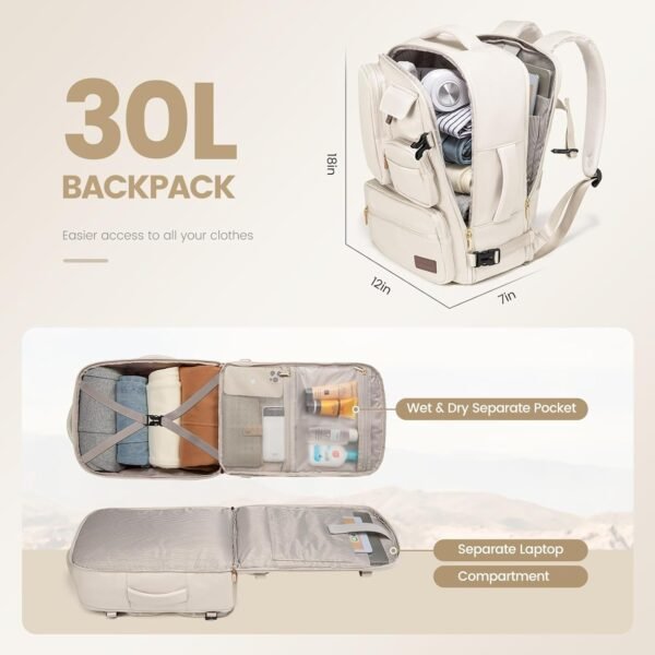LOVEVOOK Travel Backpack for Women, Carry-On Backpack with Laptop Compartment, 30L Lightweight Waterproof Personal Item Travel Bag, Off White - Image 4